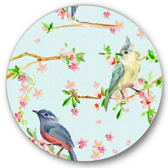 Designart 'Birds and Flowers Pattern In Blue' Traditional Circle Metal Wall Art 23x23 - Disc of 23