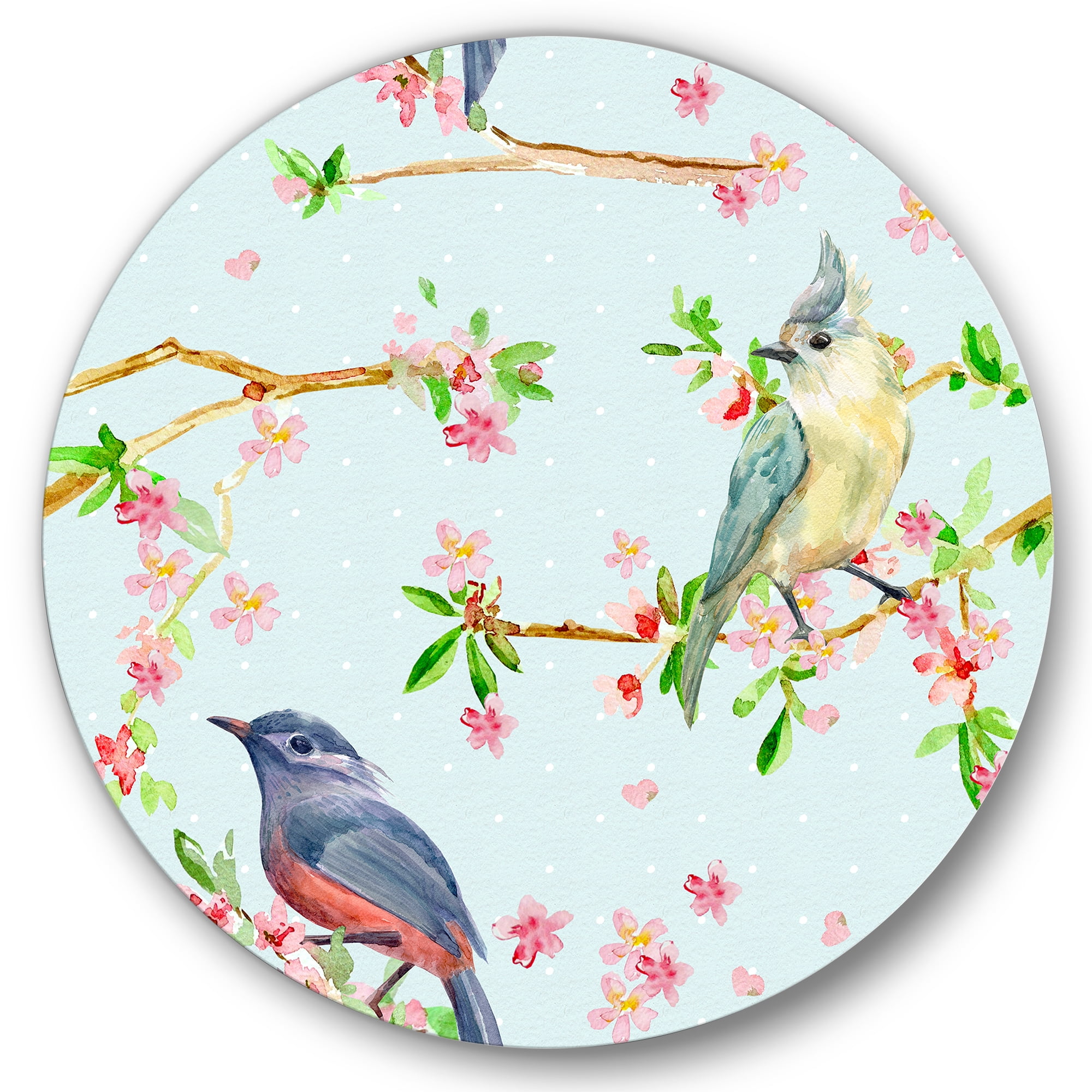 Designart 'Birds and Flowers Pattern In Blue' Traditional Circle Metal Wall Art 36x36 - Disc of 36