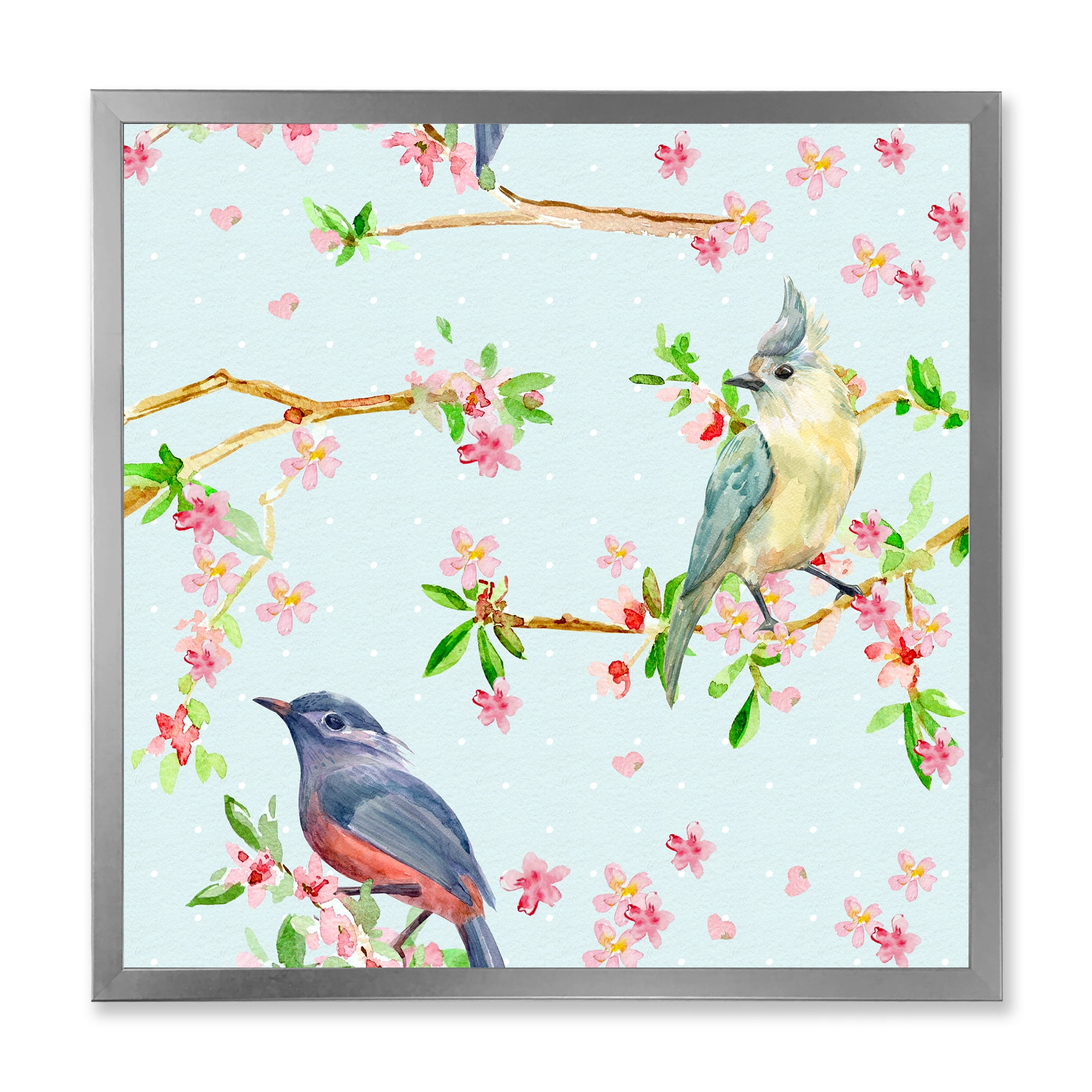 Designart 'Birds and Flowers Pattern In Blue' Traditional Framed Art Print