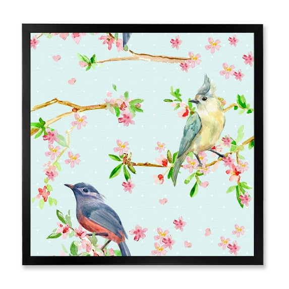 Designart 'Birds and Flowers Pattern In Blue' Traditional Framed Art Print