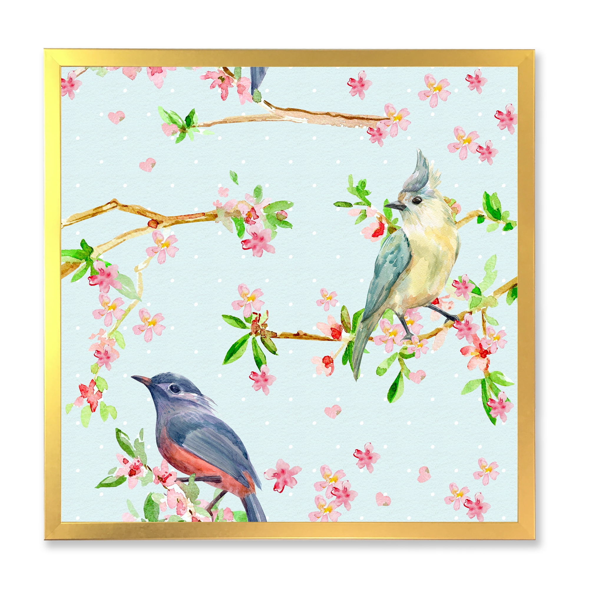 Designart 'Birds and Flowers Pattern In Blue' Traditional Framed Art Print