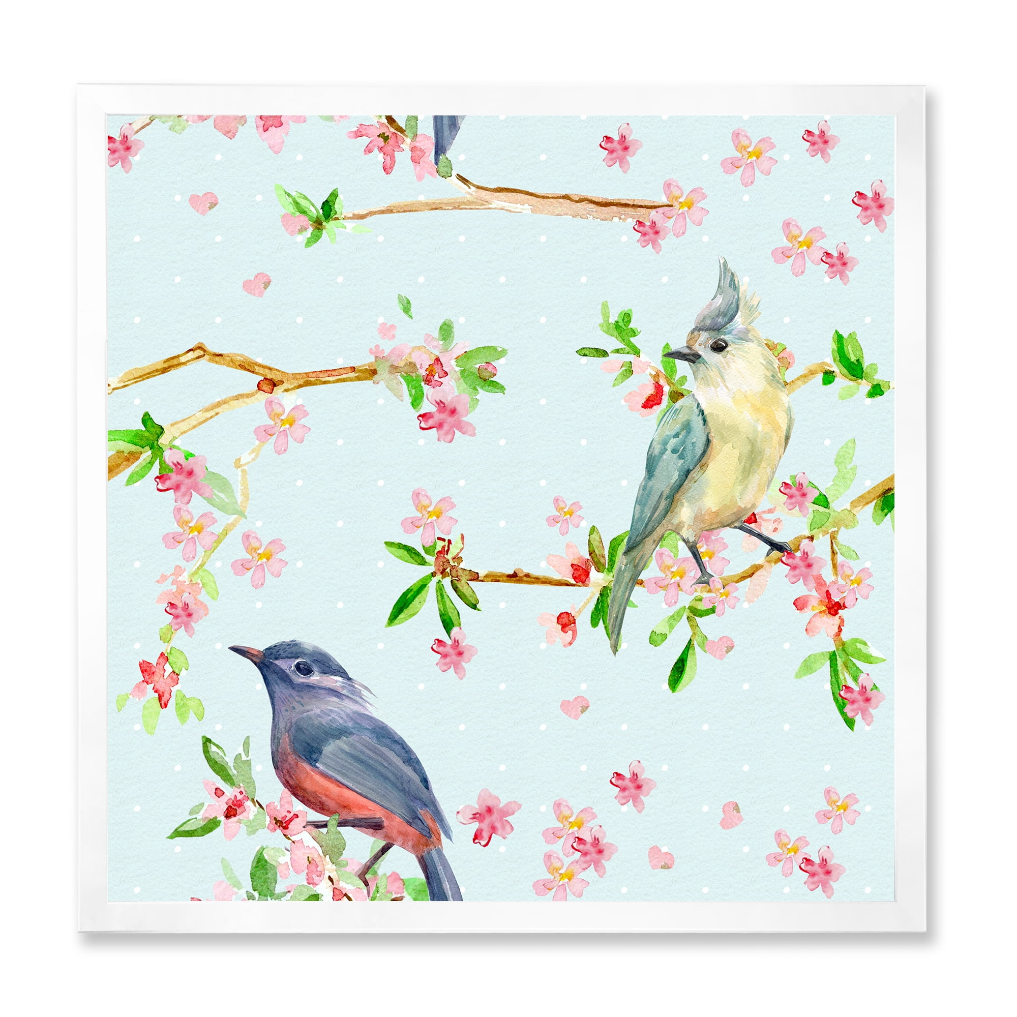 Designart 'Birds and Flowers Pattern In Blue' Traditional Framed Art Print