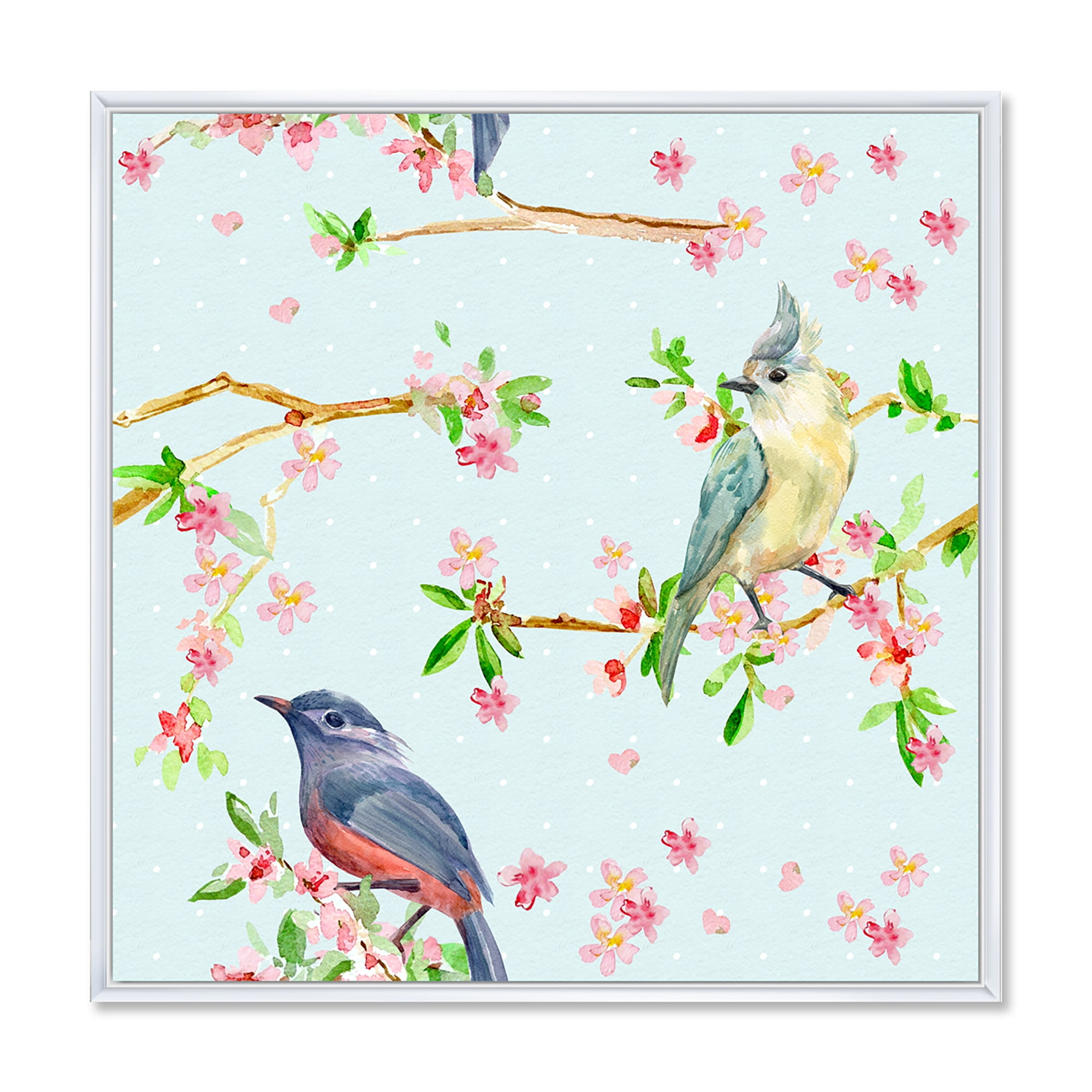 Designart 'Birds and Flowers Pattern In Blue' Traditional Framed Canvas Wall Art Print