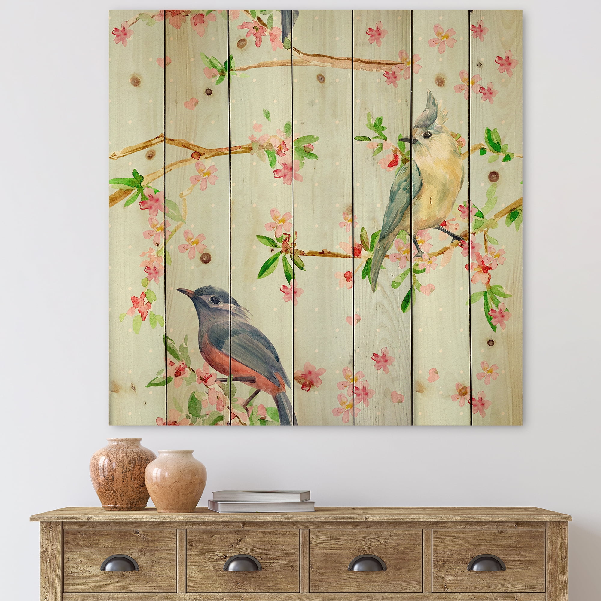 Designart 'Birds and Flowers Pattern In Blue' Traditional Print on Natural Pine Wood