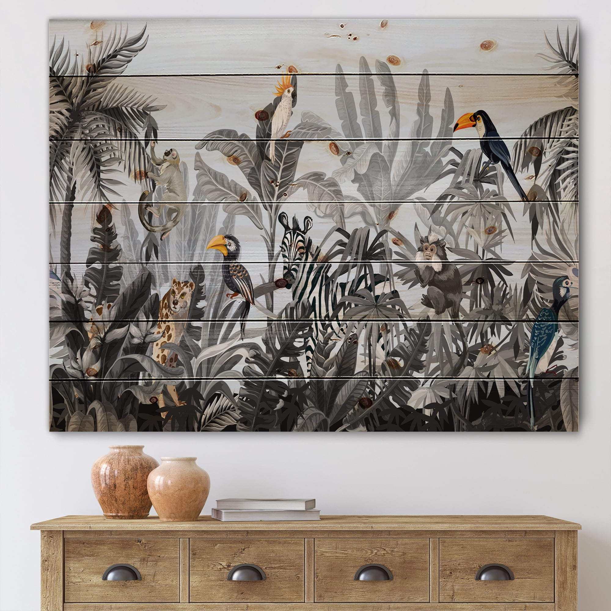 Designart 'Birds and Peonies With Chinoiserie VIII' Farmhouse Print on Natural Pine Wood