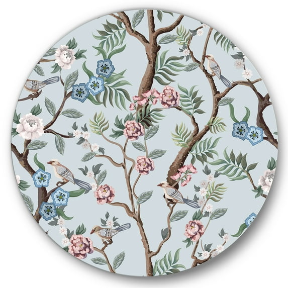 Designart 'Birds and Peonies With Chinoiserie X' Traditional Circle Metal Wall Art 11x11 - Disc of 11