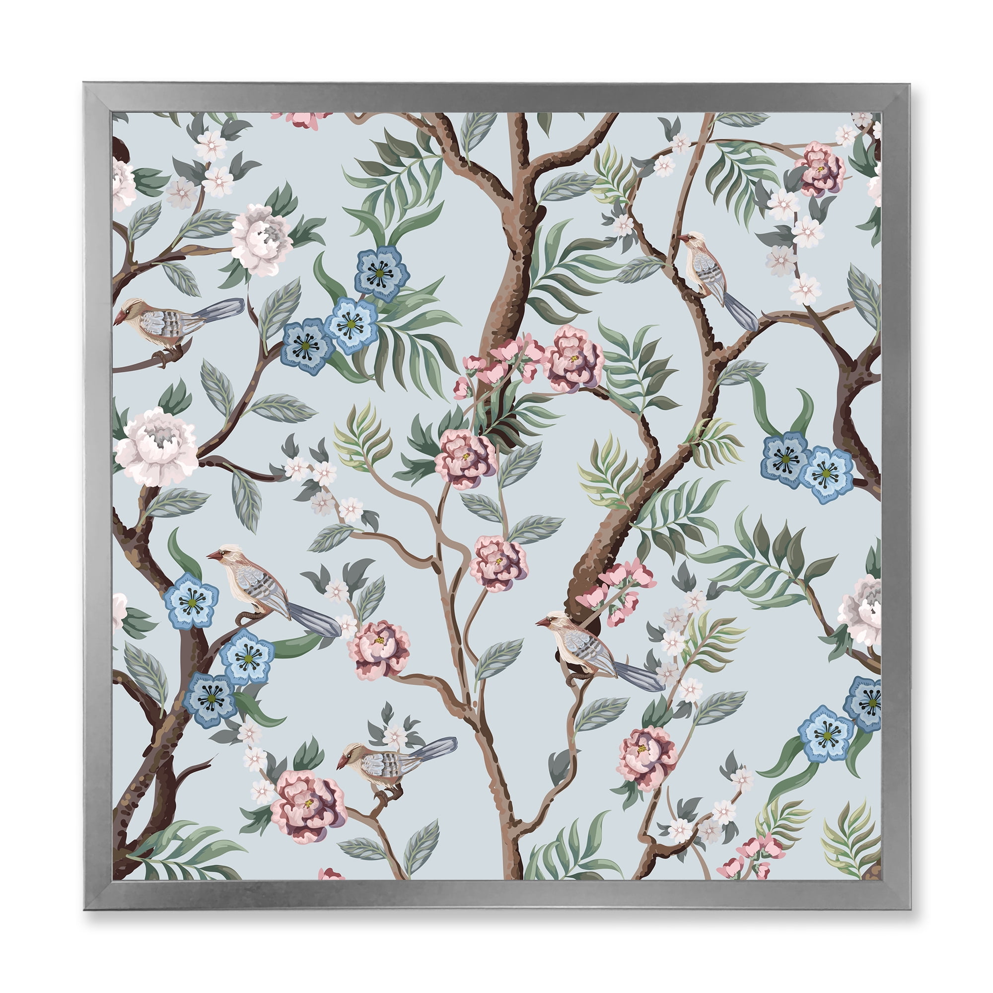 Chinoiserie Birds and Peonies Silver Framed Canvas Art