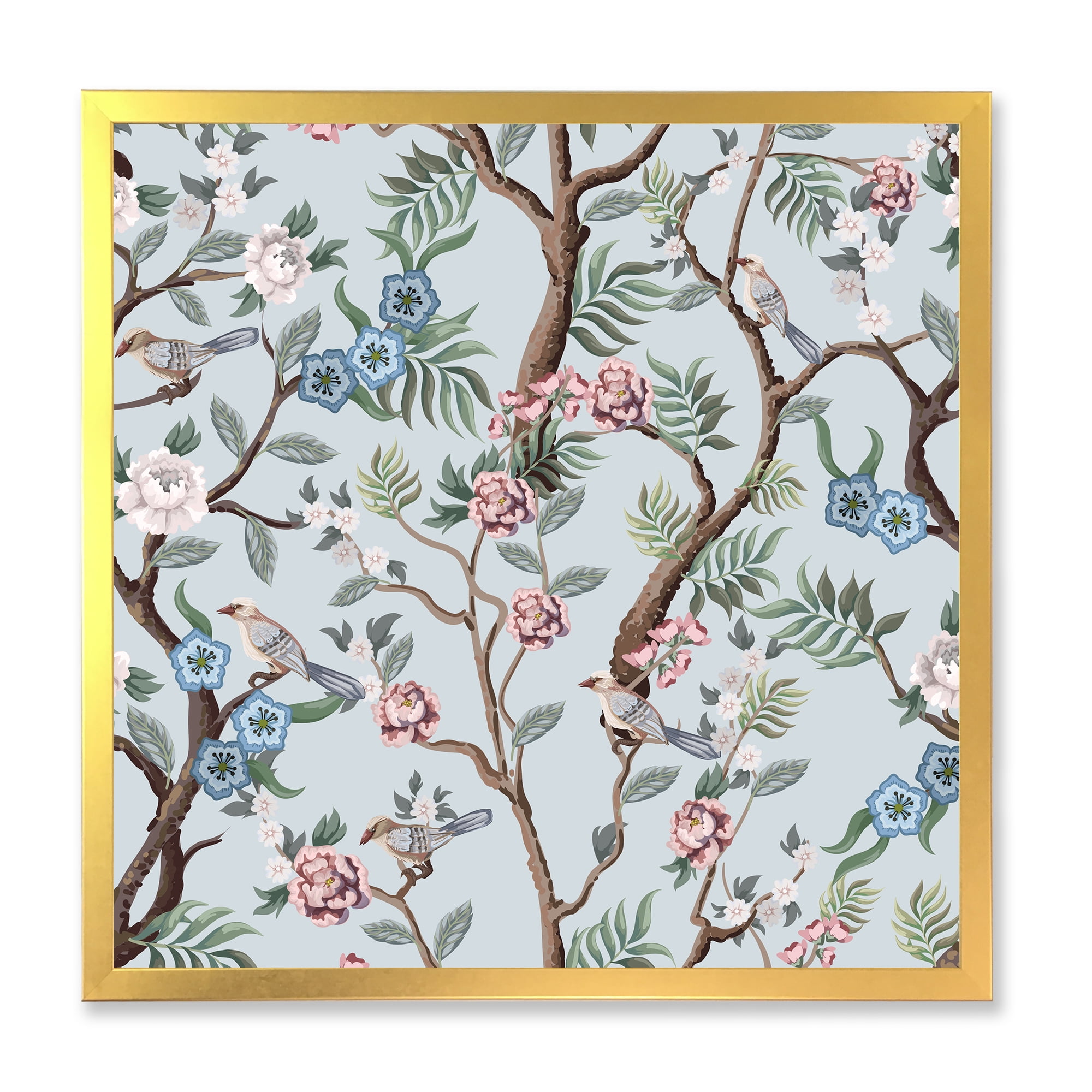 Designart 'Birds and Peonies With Chinoiserie X' Traditional Framed Art Print