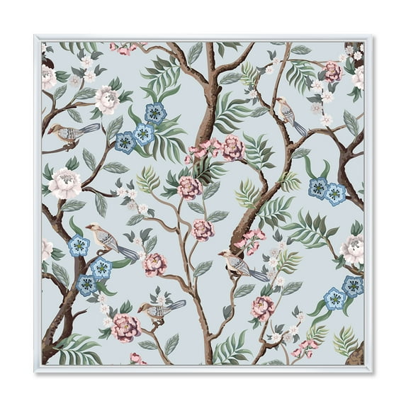 Designart 'Birds and Peonies With Chinoiserie X' Traditional Framed Canvas Wall Art Print