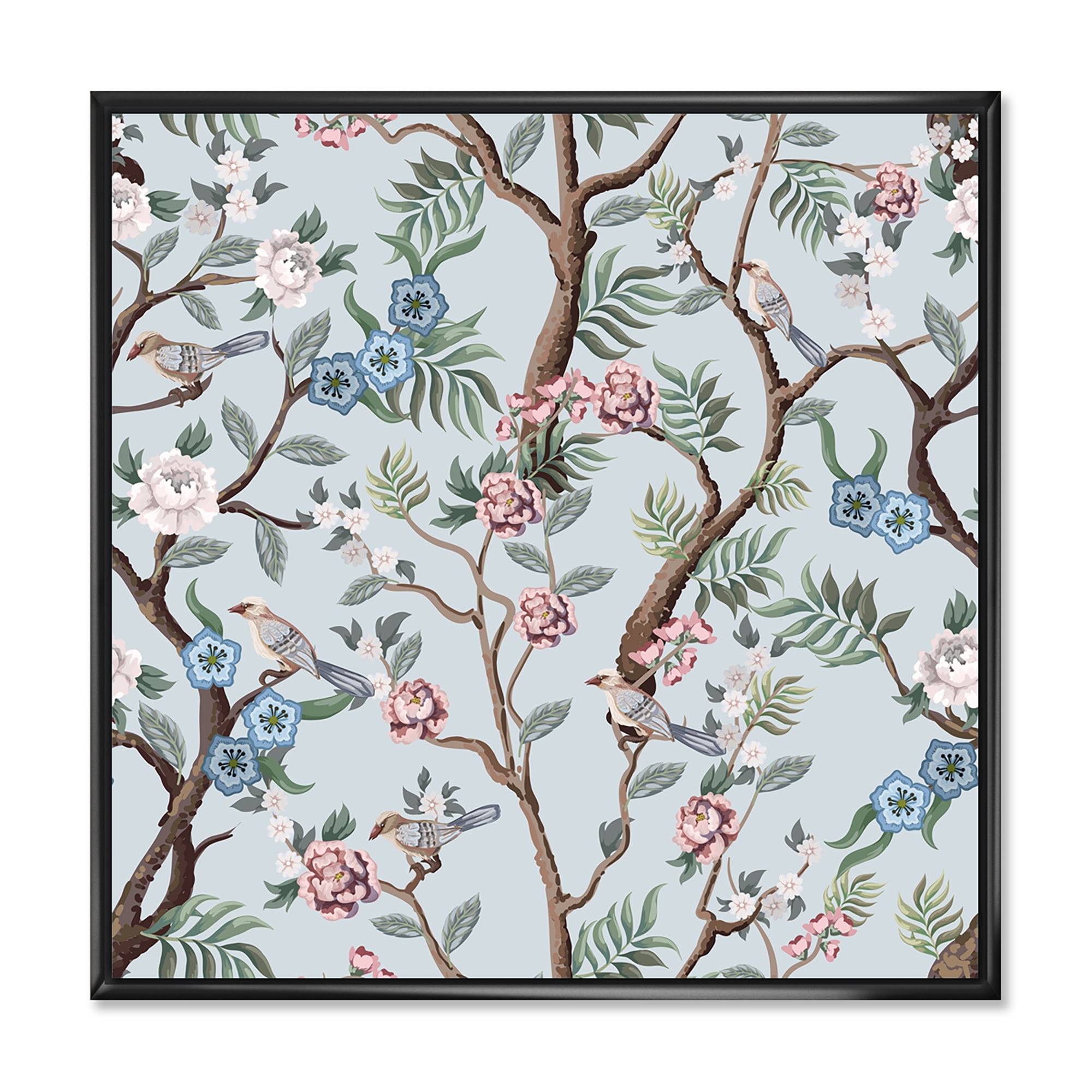 Designart 'Birds and Peonies With Chinoiserie X' Traditional Framed Canvas Wall Art Print