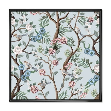 Designart 'Birds and Peonies With Chinoiserie X' Traditional Framed Canvas Wall Art Print
