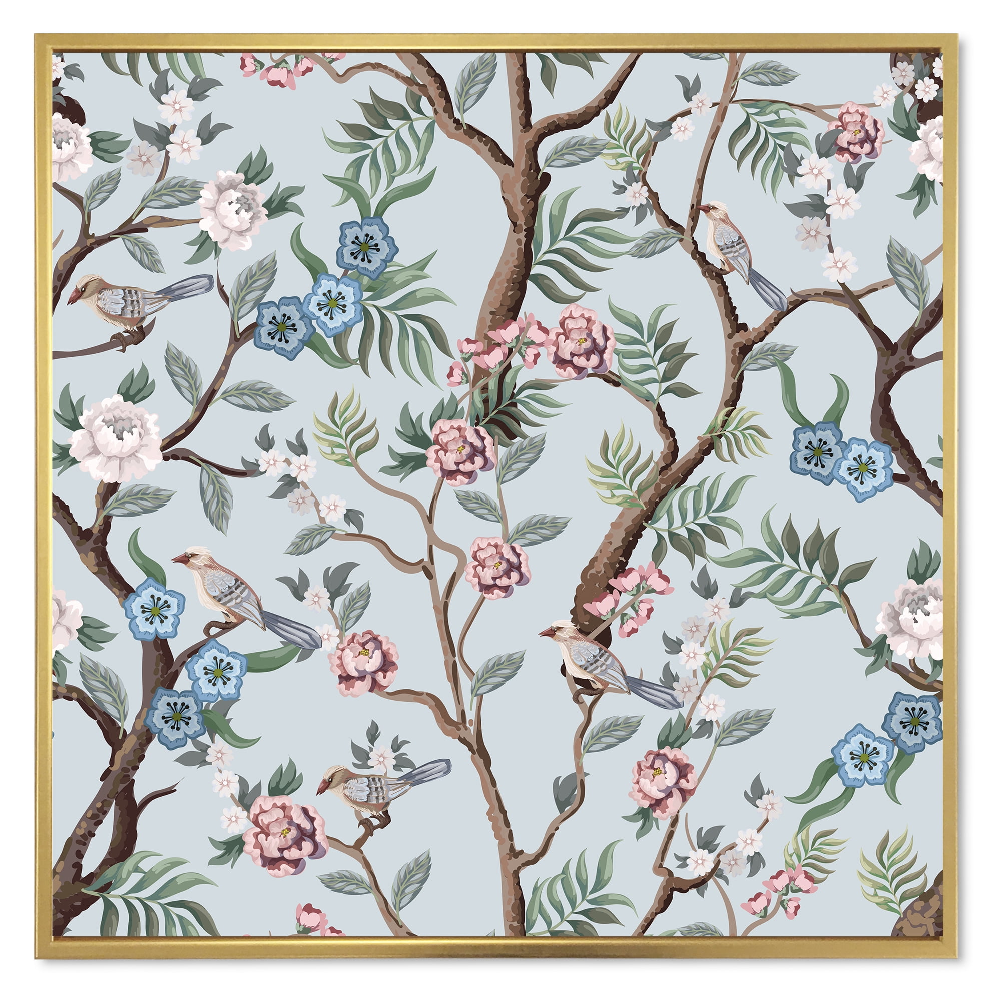 Designart 'Birds and Peonies With Chinoiserie X' Traditional Framed Canvas Wall Art Print