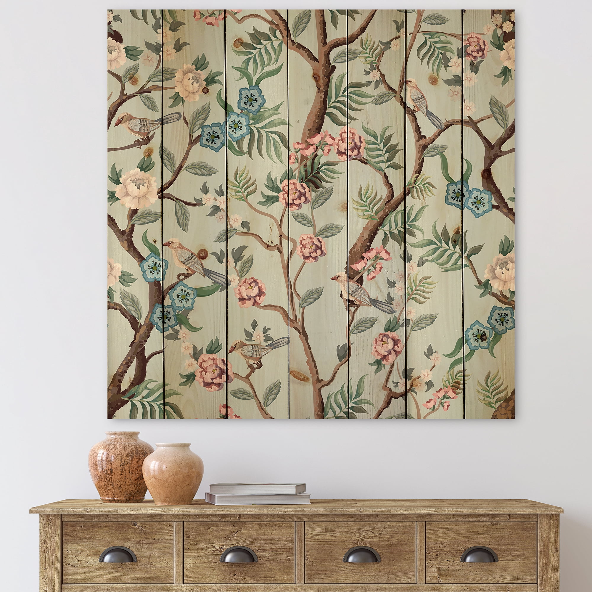 Designart 'Birds and Peonies With Chinoiserie X' Traditional Print on Natural Pine Wood