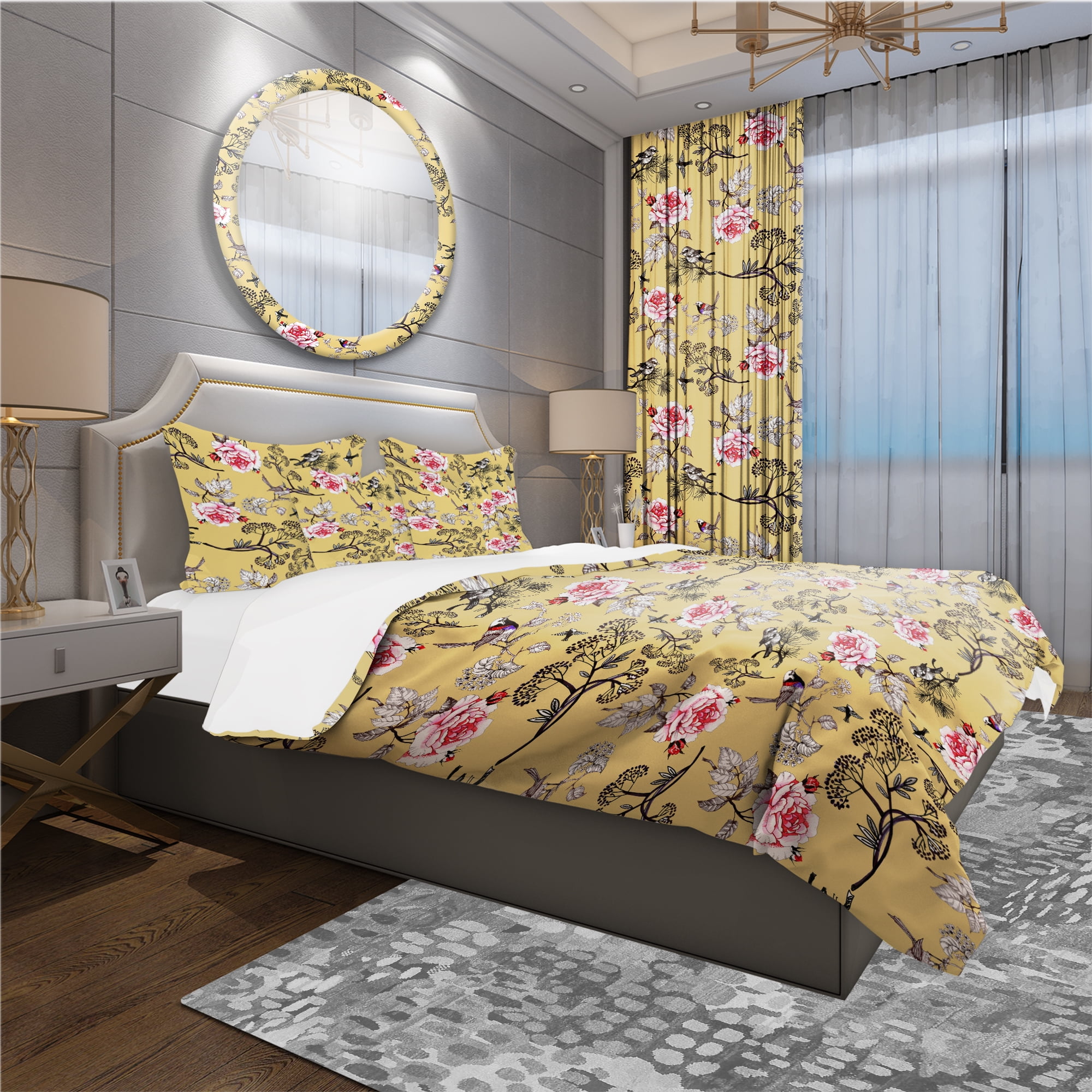 Designart 'Birds and Pink Roses Floral Pattern' Modern & Contemporary Duvet Cover Set