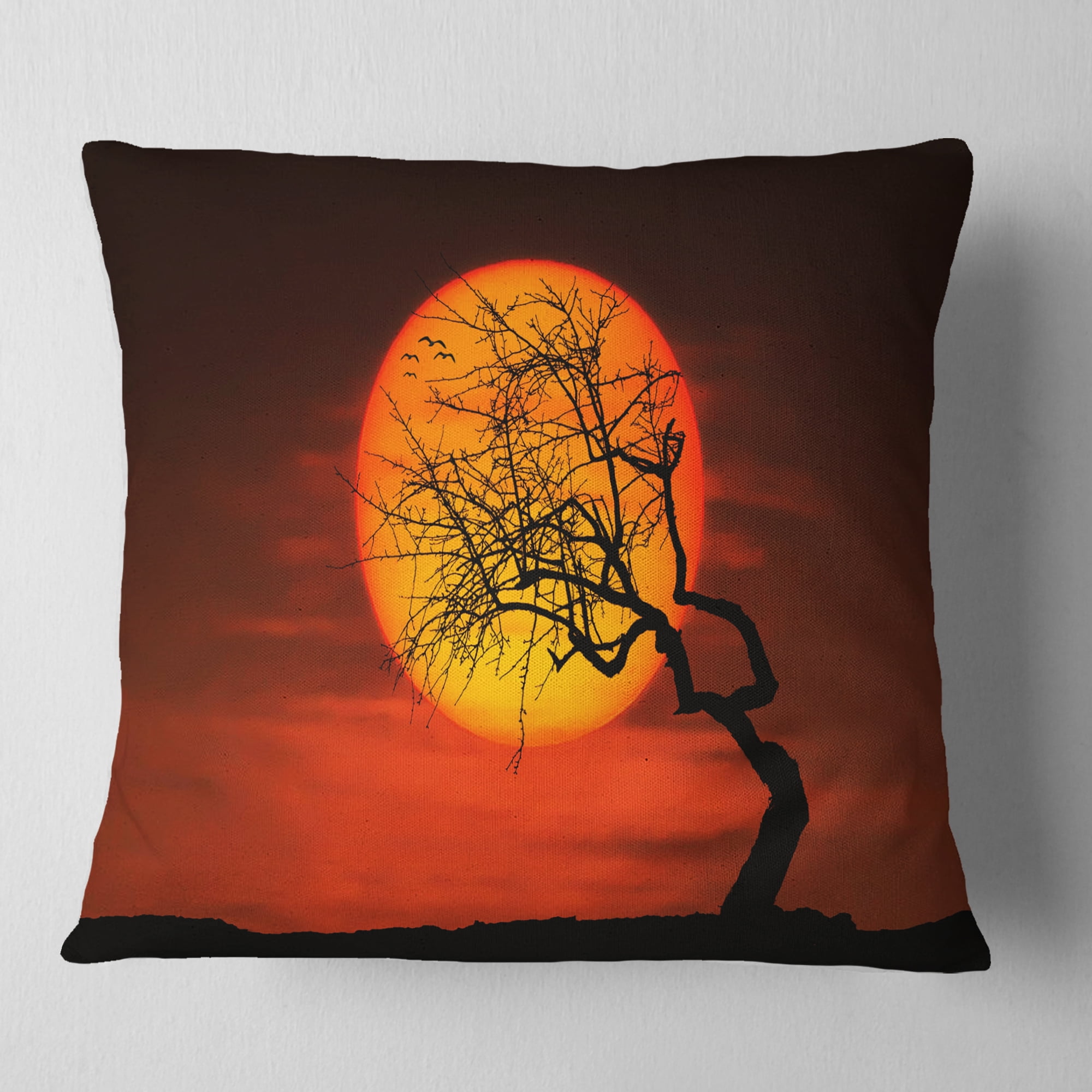 Designart Birds and Tree Silhouette at Sunset - Landscape Printed Throw Pillow - 16x16