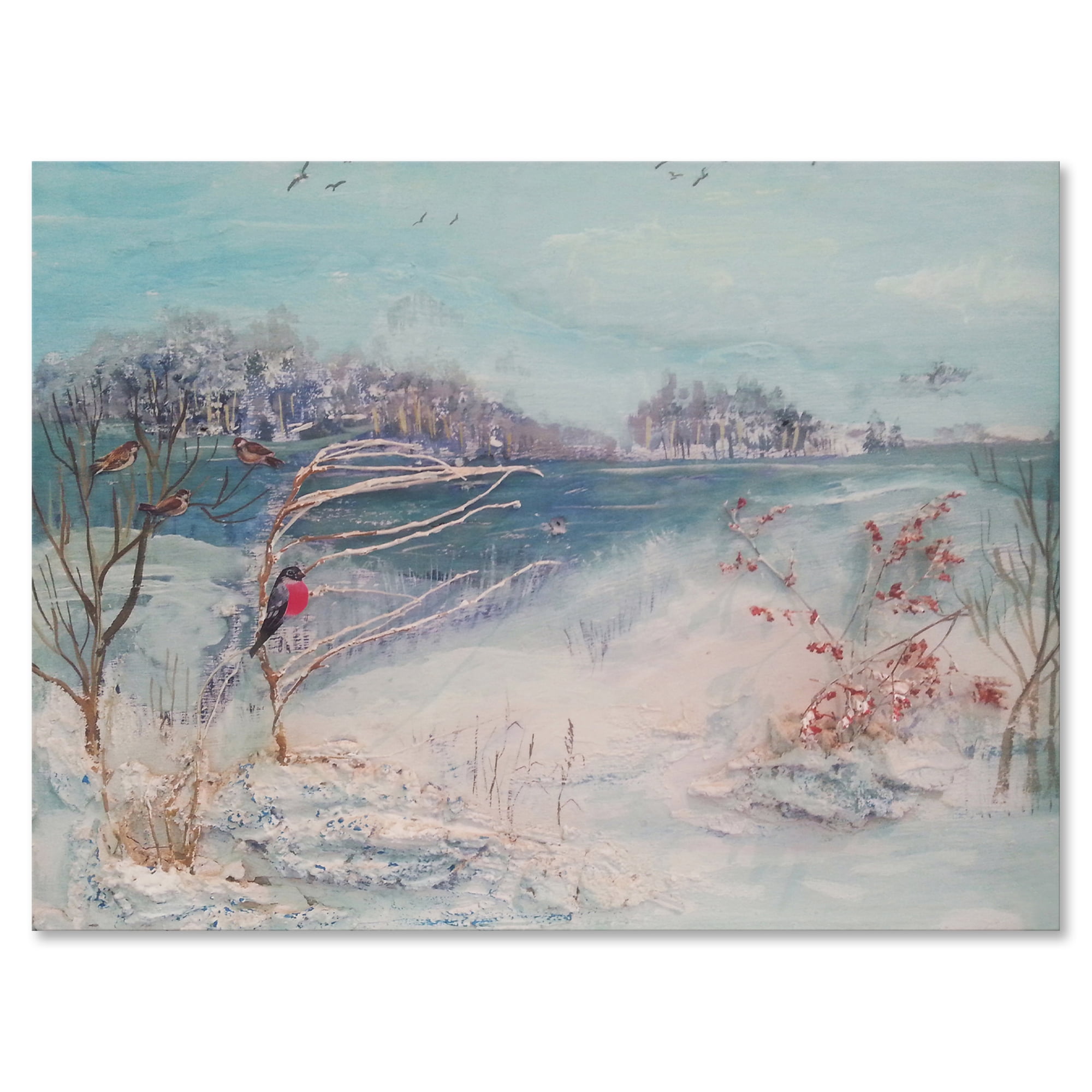 Designart ' Birds and Winter Trees By River ' Lake House Canvas Wall Art Print