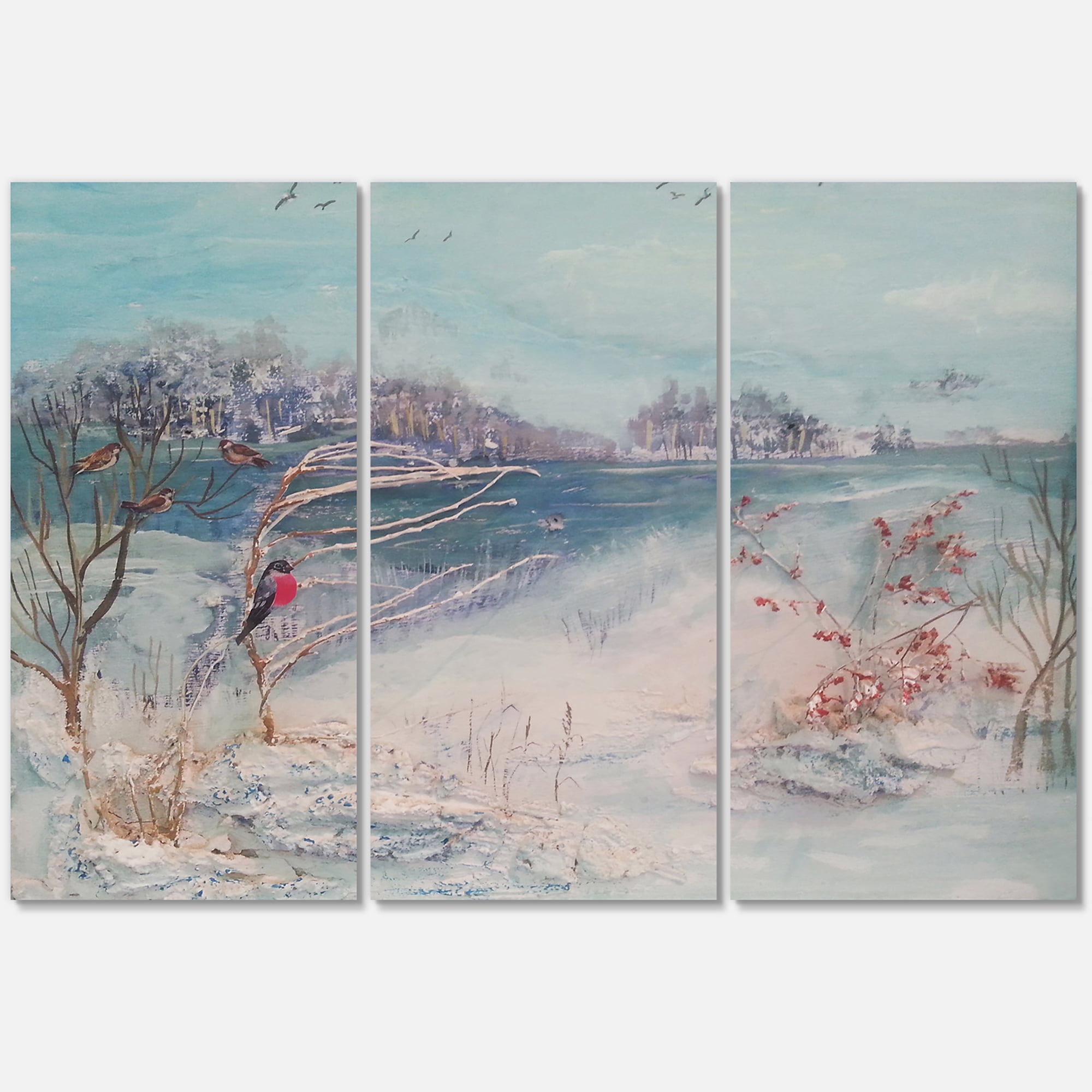 Designart ' Birds and Winter Trees By River ' Lake House Canvas Wall Art Print