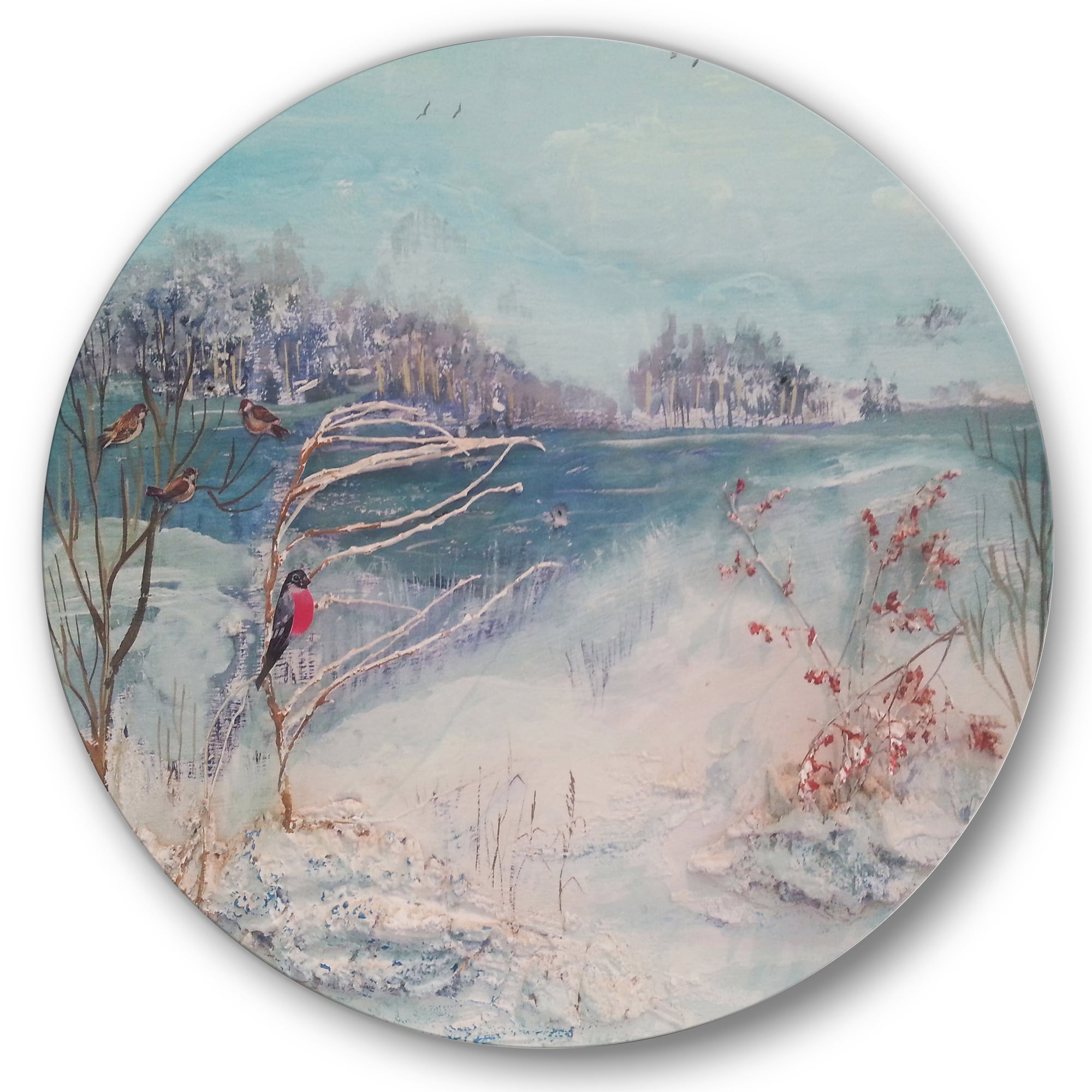 Designart 'Birds and Winter Trees By River' Lake House Circle Metal Wall Art 29x29 - Disc of 29