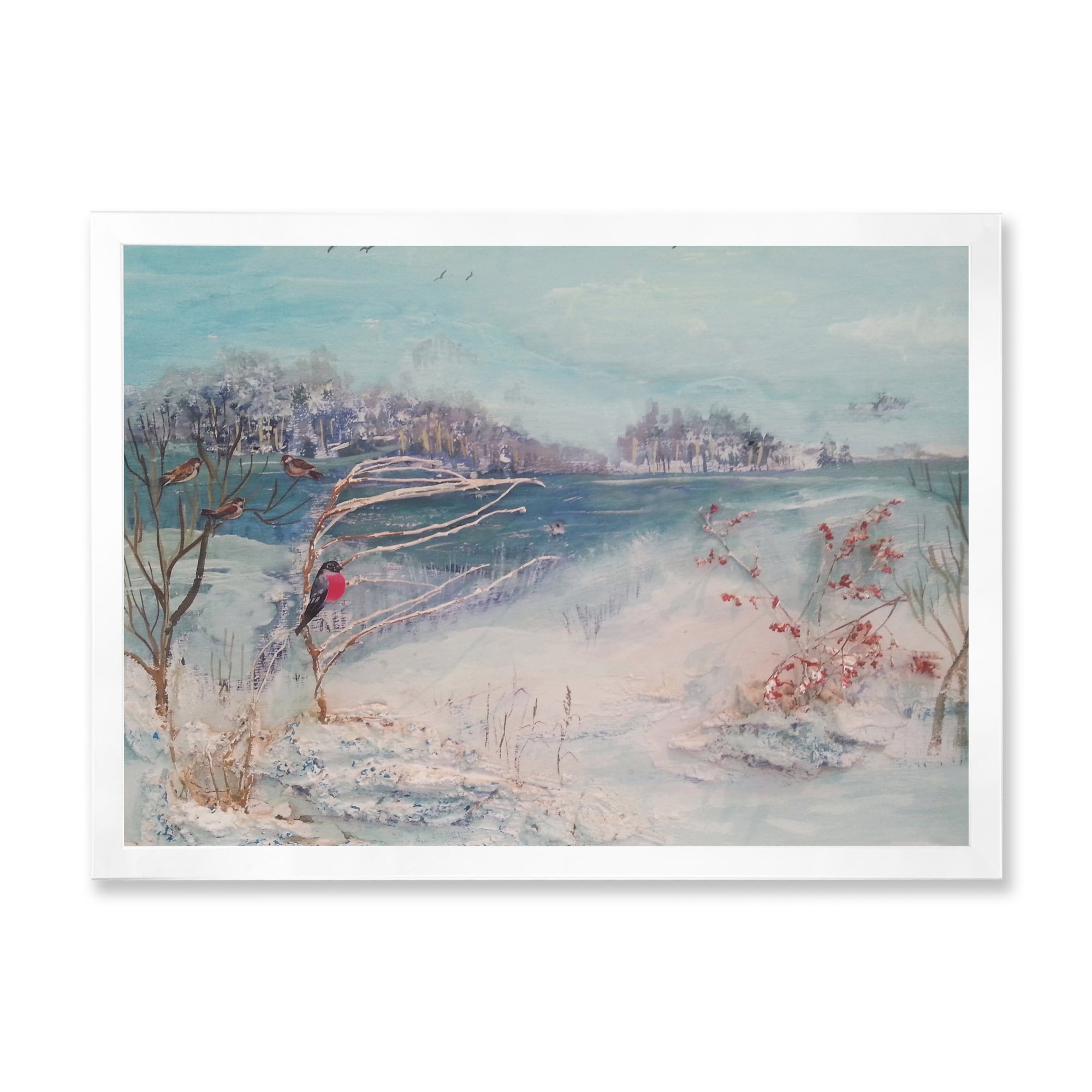 Designart 'Birds and Winter Trees By River' Lake House Framed Art Print