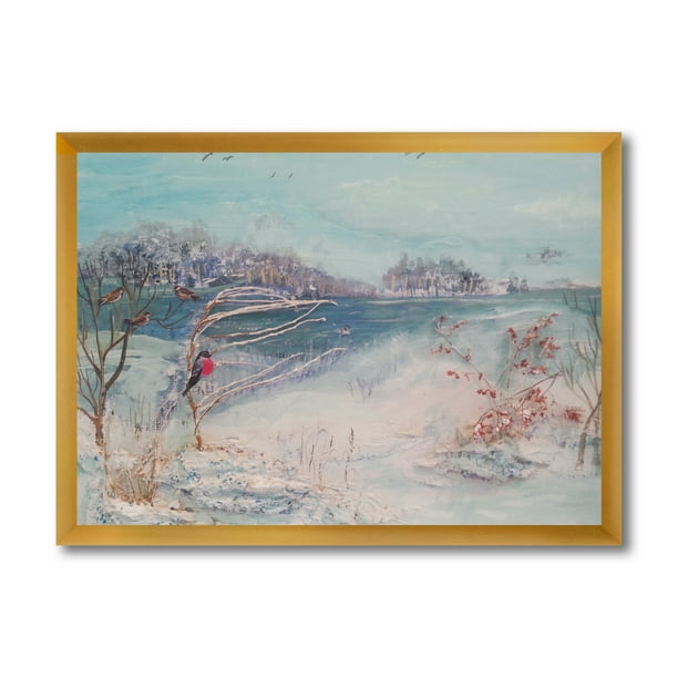 Designart 'Birds and Winter Trees By River' Lake House Framed Art Print