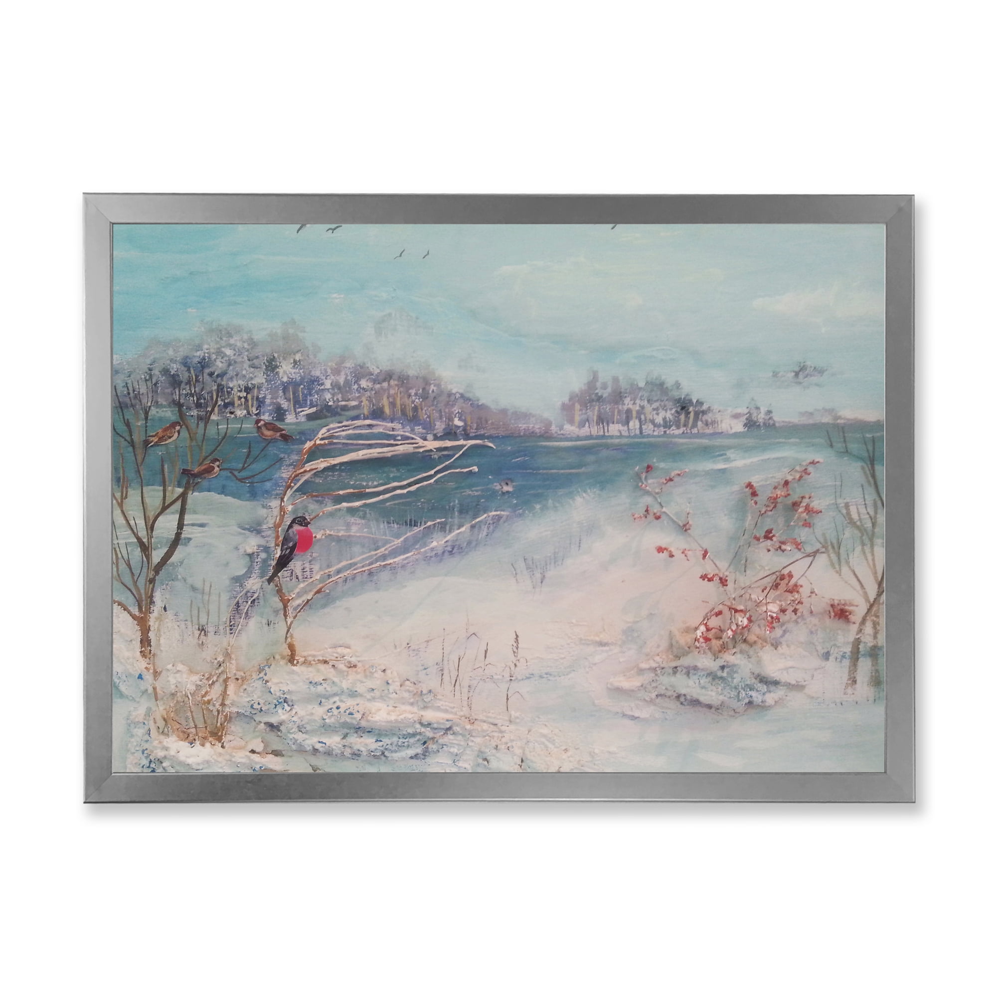 Designart 'Birds and Winter Trees By River' Lake House Framed Art Print
