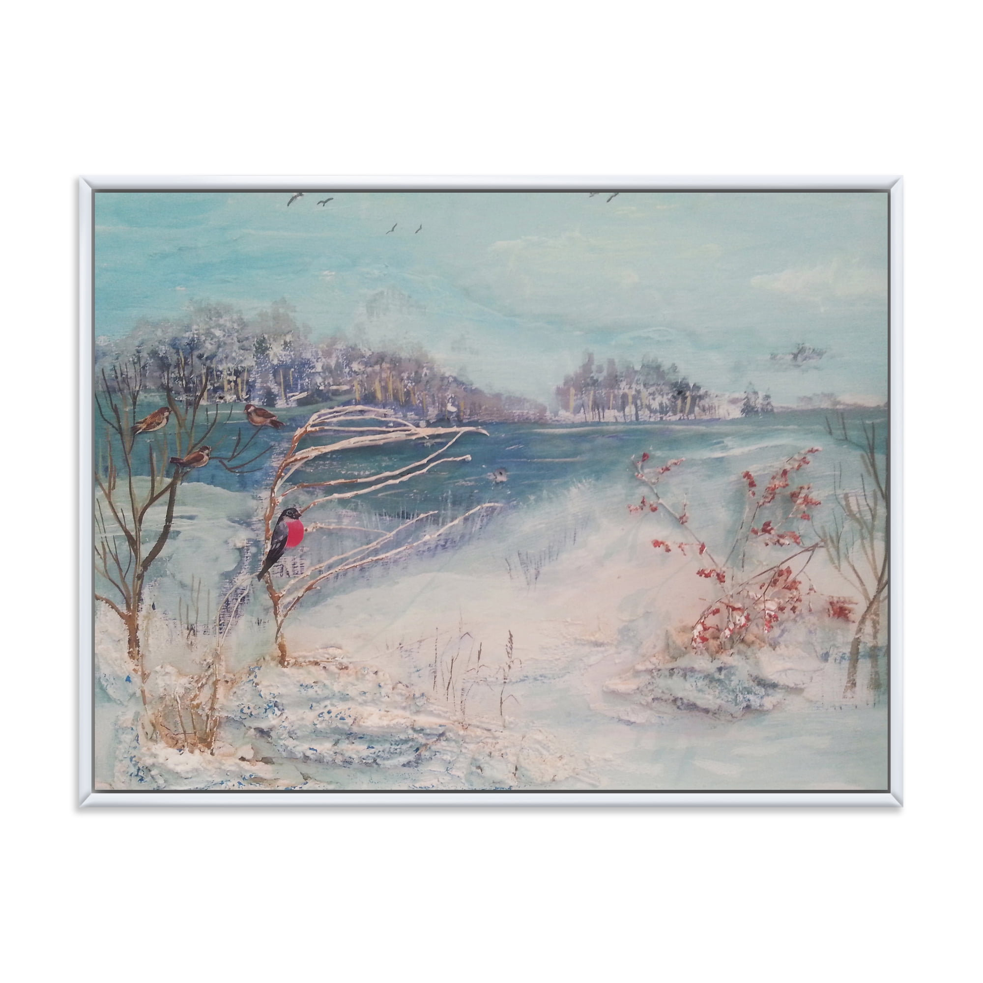 Designart 'Birds and Winter Trees By River' Lake House Framed Canvas Wall Art Print