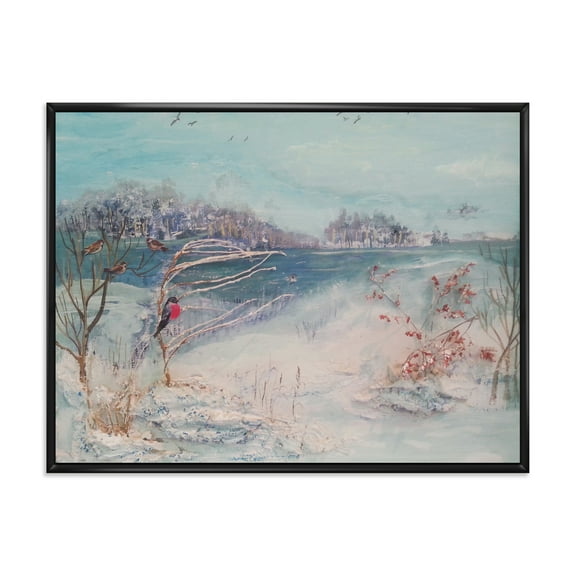 Designart 'Birds and Winter Trees By River' Lake House Framed Canvas Wall Art Print