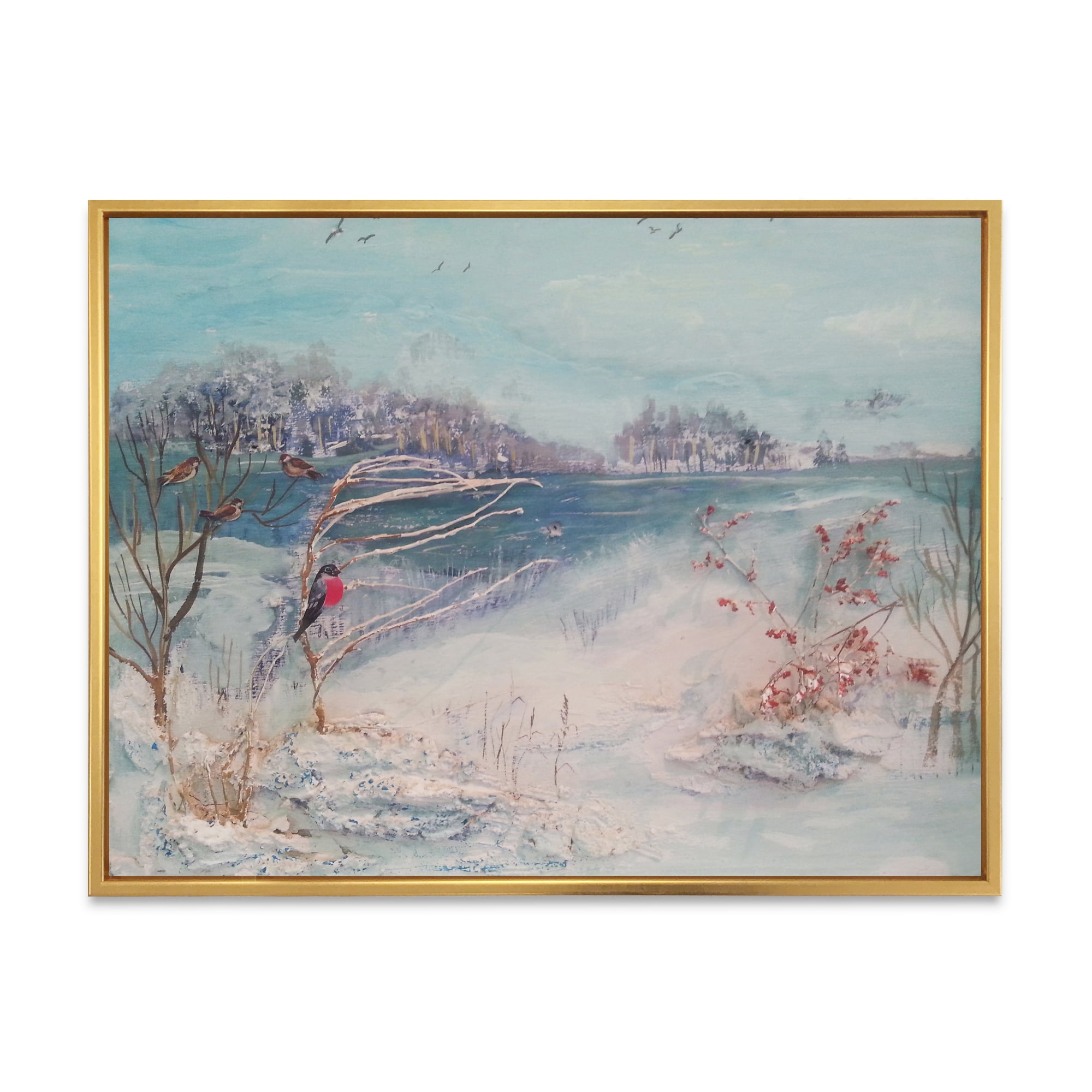 Designart 'Birds and Winter Trees By River' Lake House Framed Canvas Wall Art Print