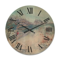 Designart 'Birds and Winter Trees By River' Lake House Wood Wall Clock