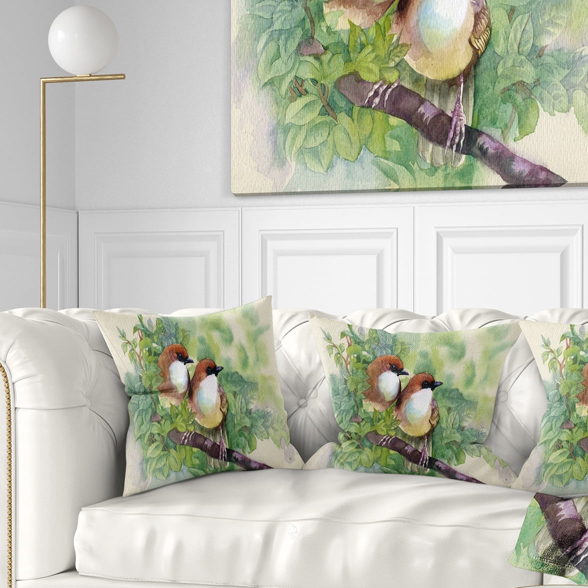 Designart Birds of Spring - Modern Animal Painting Throw Pillow - 18x18