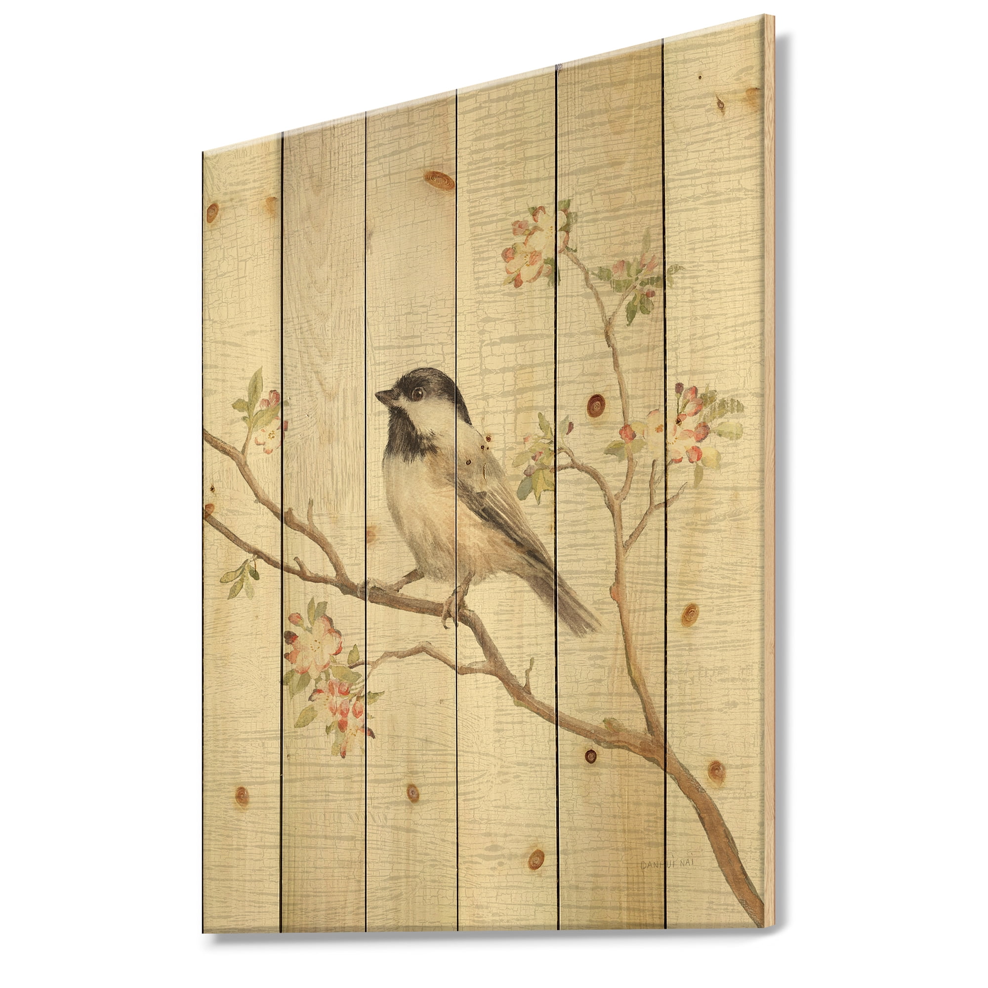 Designart 'Birds on Blossom I' Farmhouse Print on Natural Pine Wood