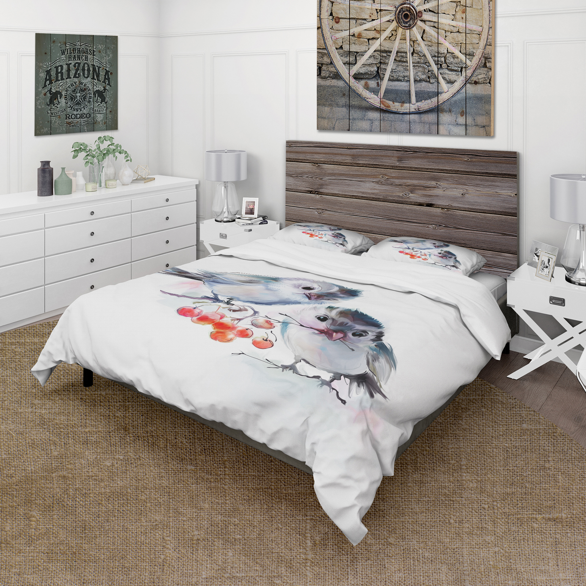 Designart 'Birds on Branch With Red Berries' Animal Duvet Cover Set