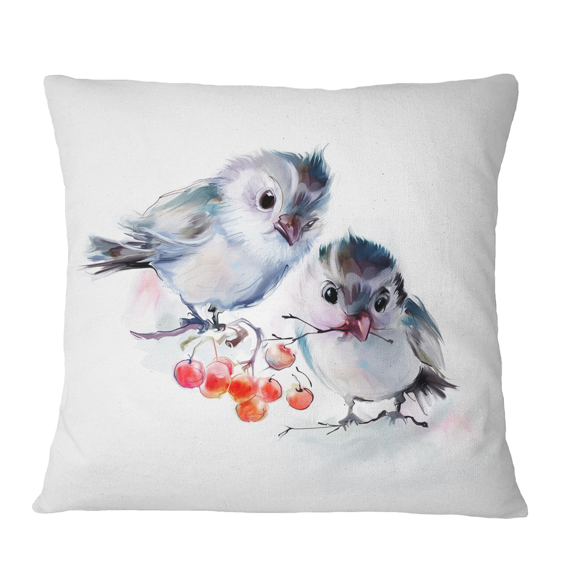 Designart Birds on Branch With Red Berries - Animal Throw Pillow - 18x18