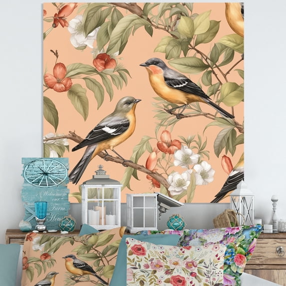 Designart "Birds on Trees Green Yellow Serenade" Animals Metal Wall Art Prints