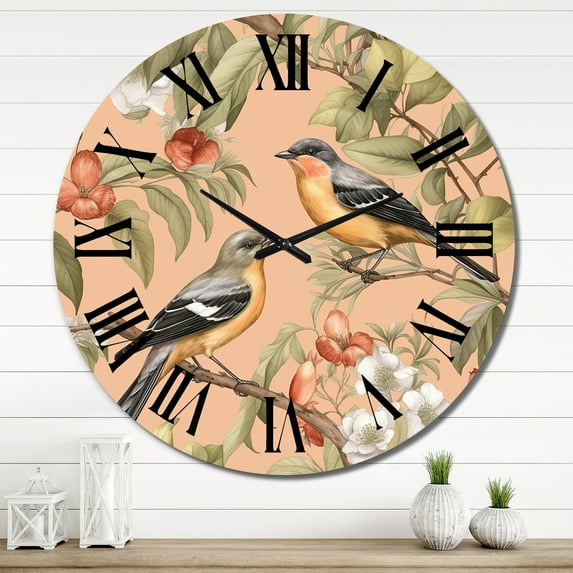 Designart "Birds on Trees Green Yellow Serenade" Animals Oversized Wall Clock