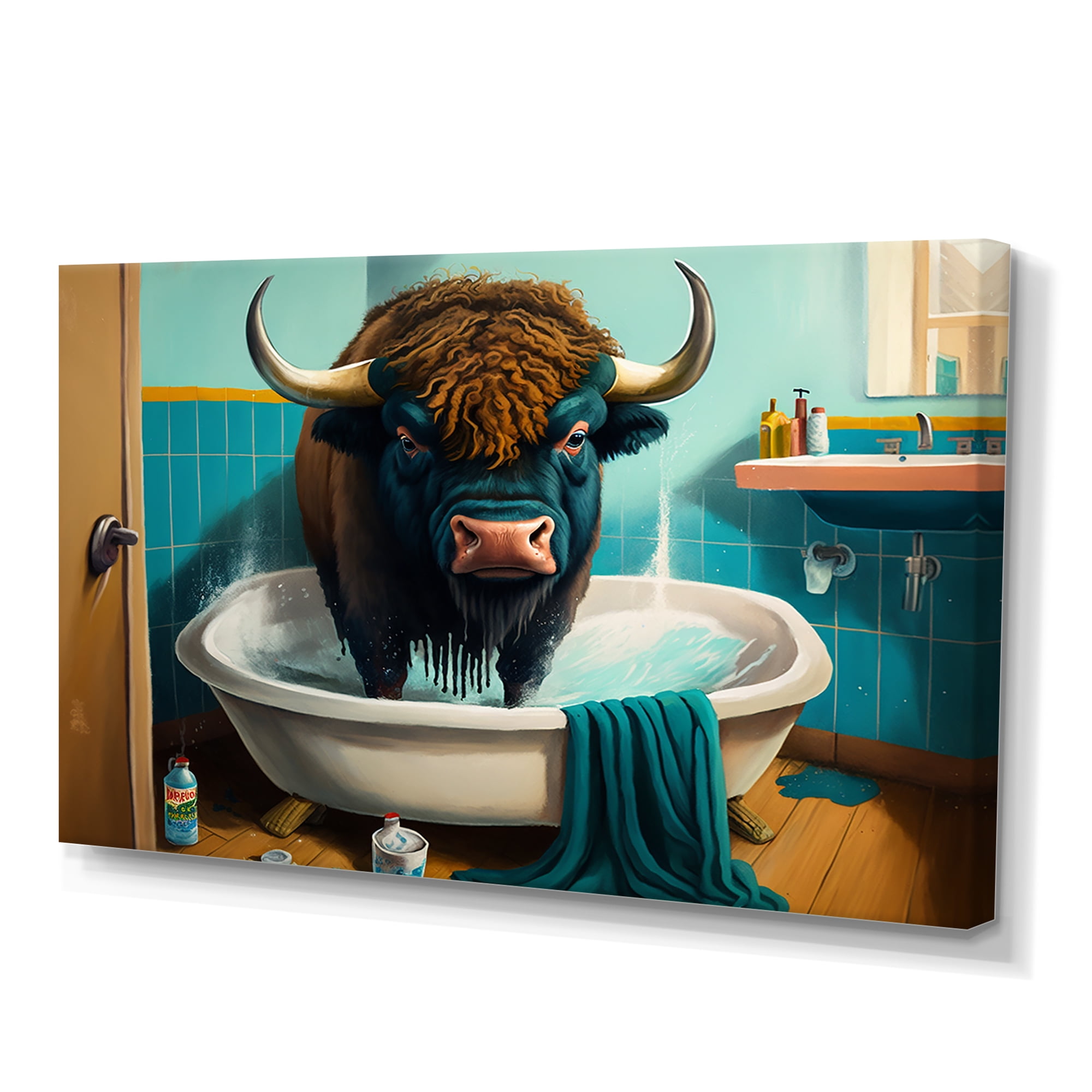 Designart Bison Cartoon Making A Mess In The Tub Canvas Wall Art