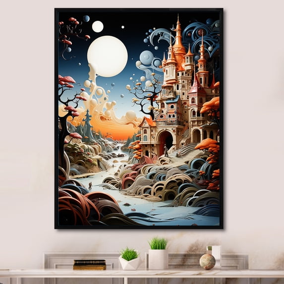 Designart "Bizare Dream Castle" Cityscapes Floater Framed Wall Art Print
