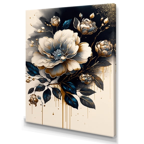 Designart Black And Gold Camellia Bouquet II Canvas Wall Art