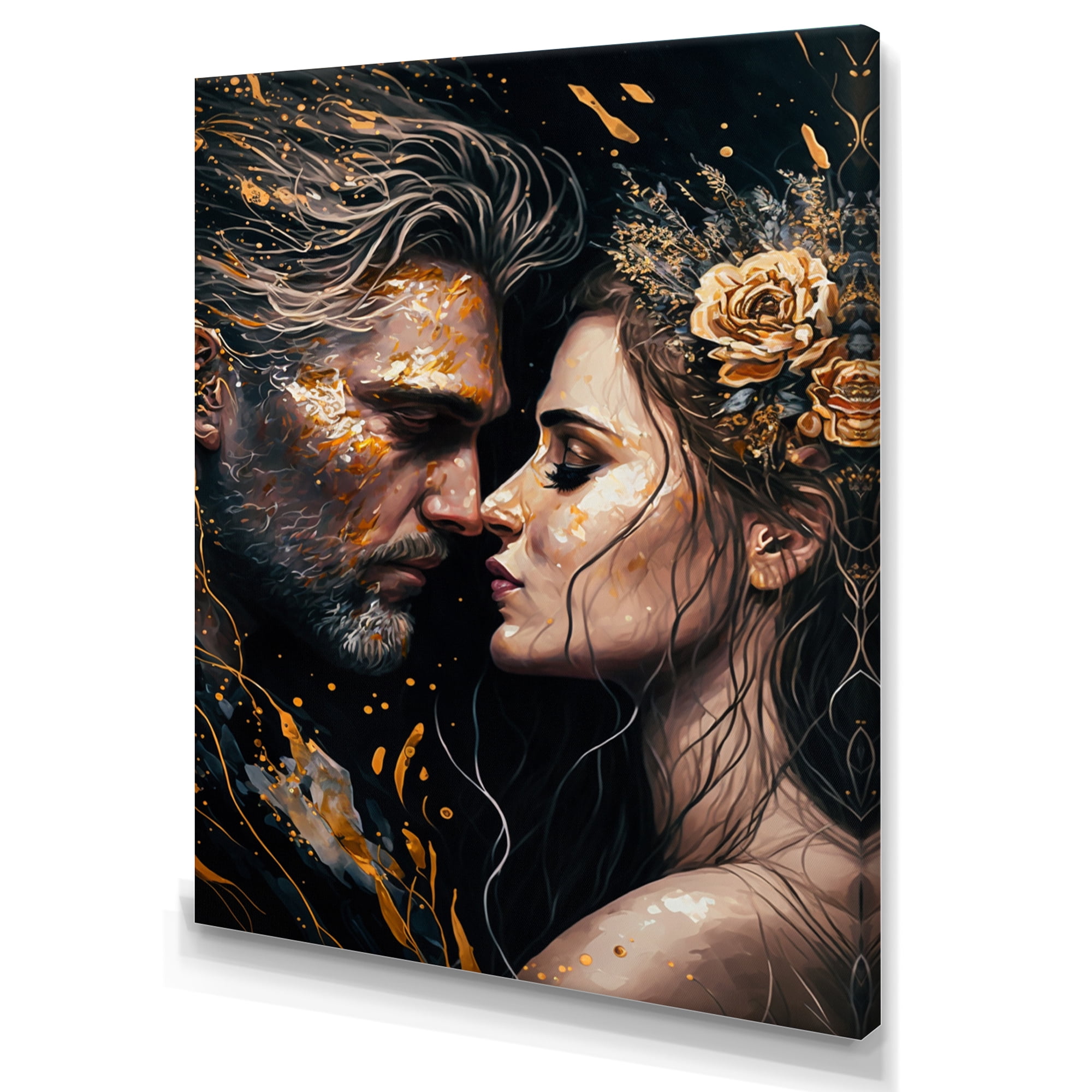 Designart Black And Gold Couple Kissing Art II Canvas Wall Art