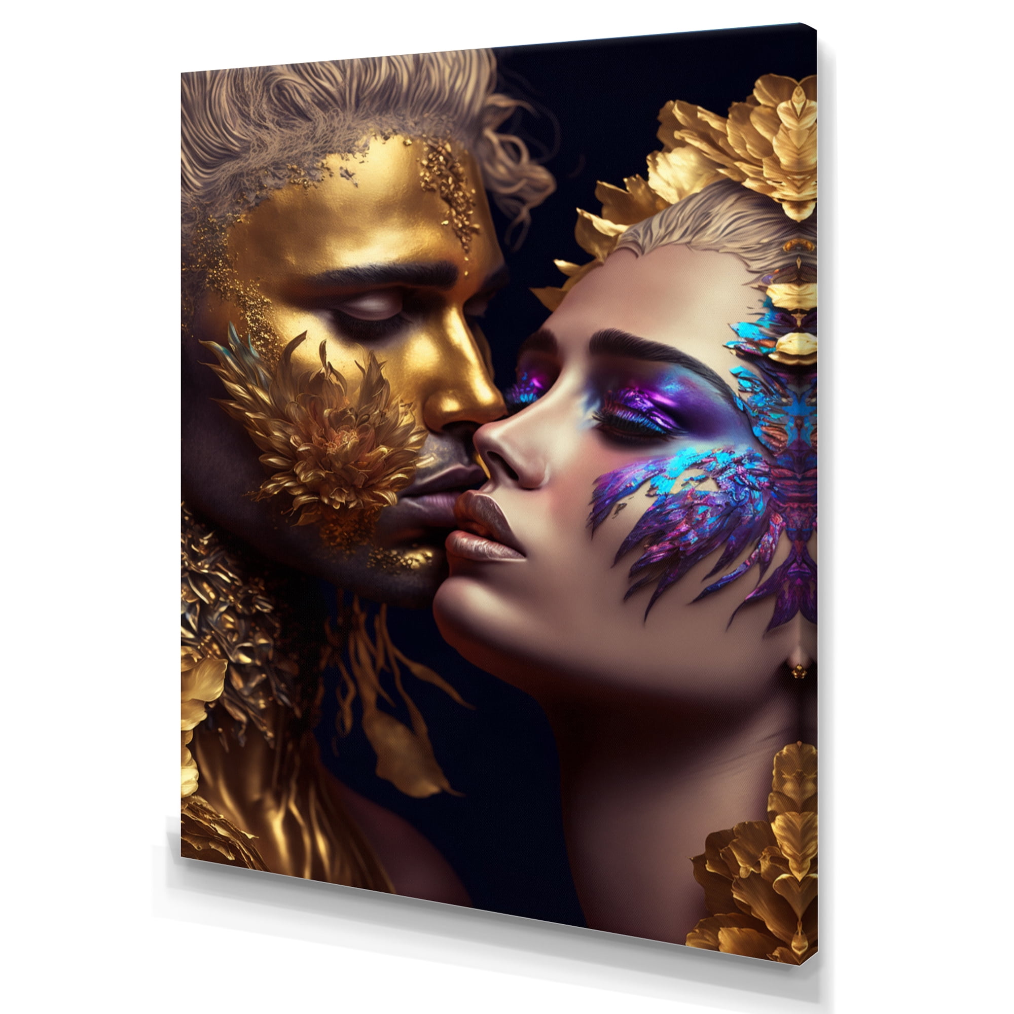 Designart Black And Gold Couple Kissing Art III Canvas Wall Art