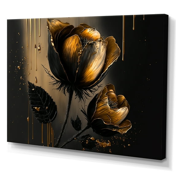 Designart Black And Gold Crocus Floral Design III Canvas Wall Art