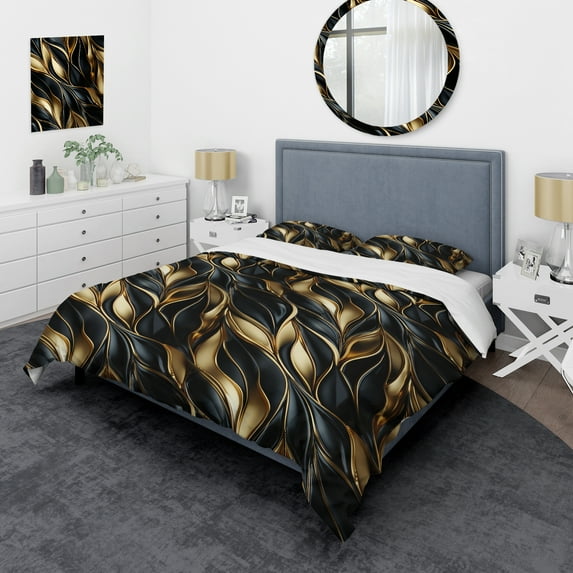 Designart "Black And Gold Glamour Extravaganza" Marble Bedding Covert Set - Glam Bed Set With 1 Sham
