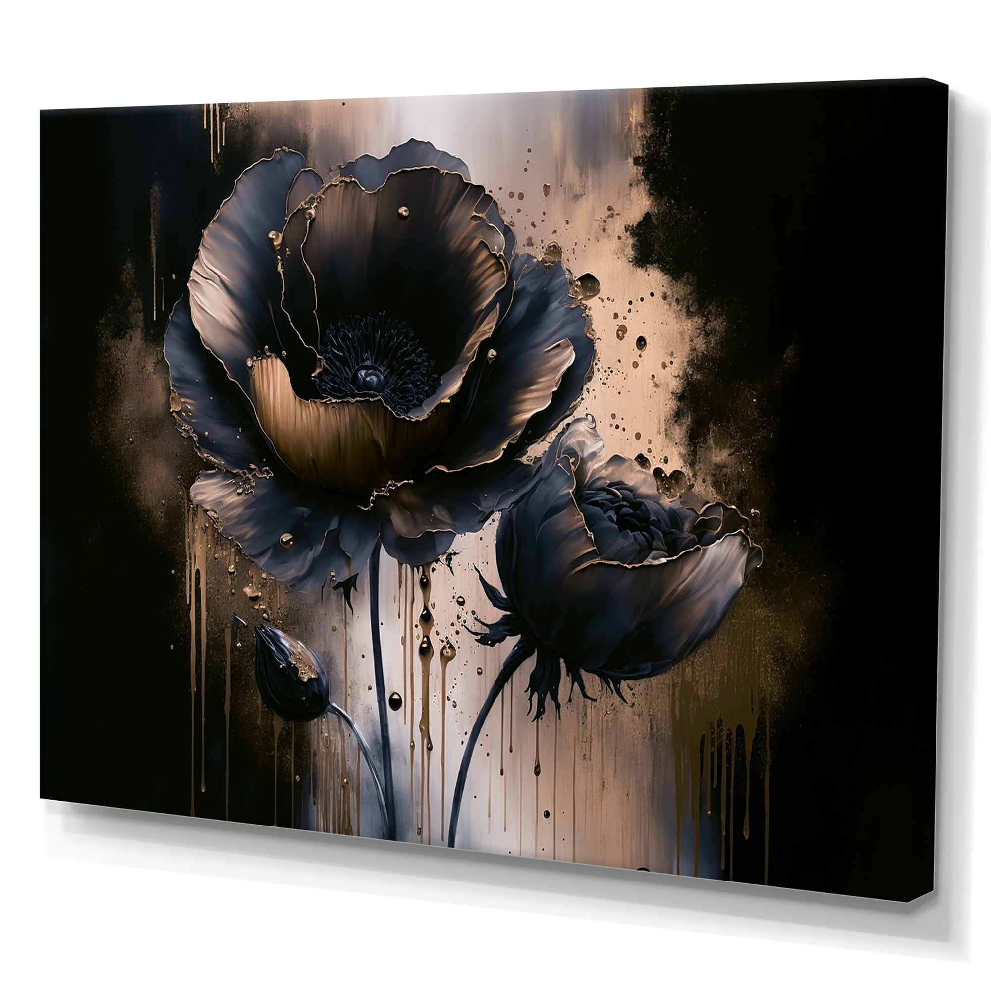 Designart Black And Gold Popy Flowers I Canvas Wall Art