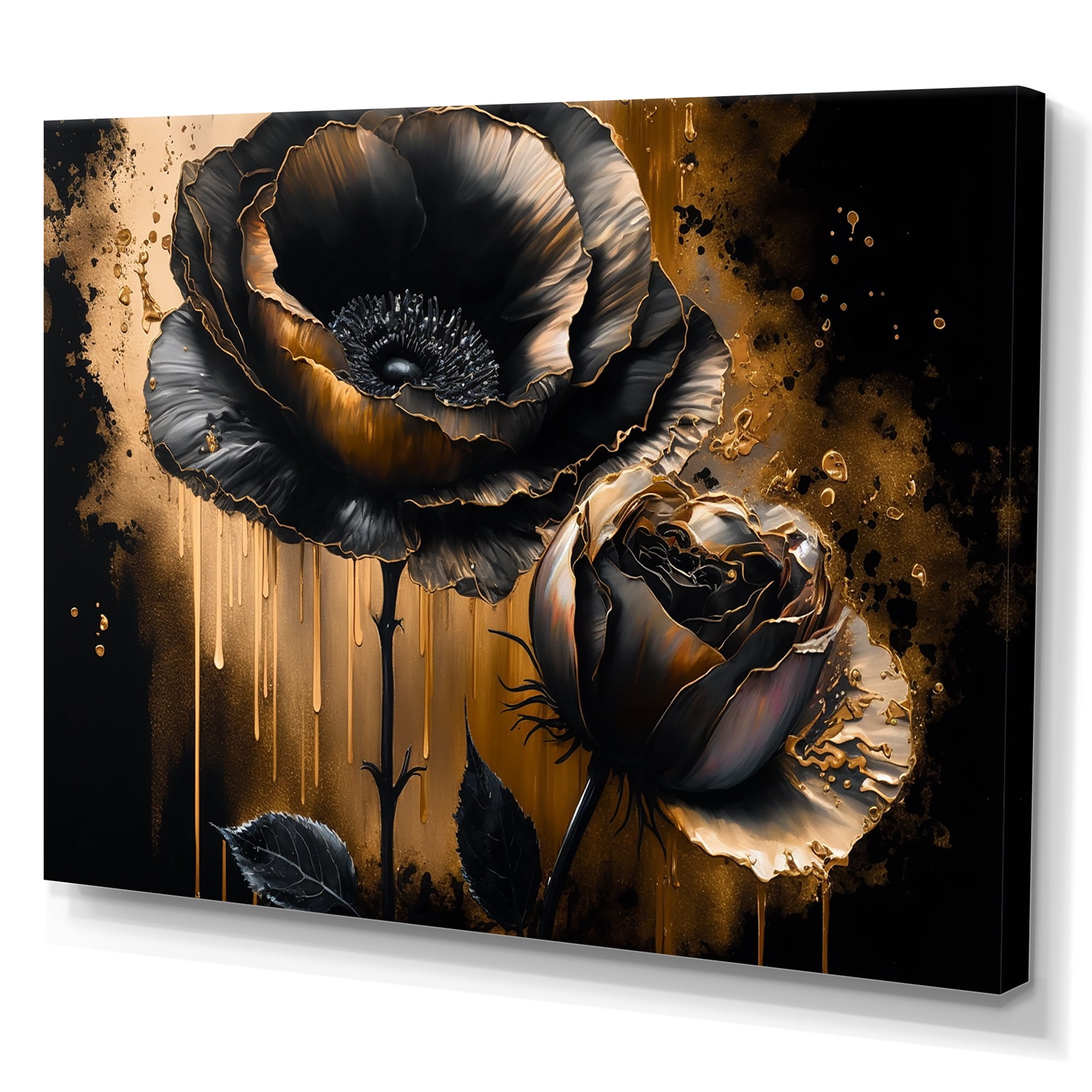 Designart Black And Gold Popy Flowers II Canvas Wall Art
