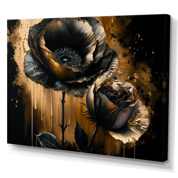 Designart Black And Gold Popy Flowers II Canvas Wall Art