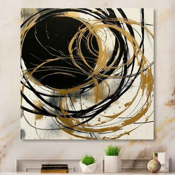 Designart "Black And Gold The Art Of Chaos V" Abstract Painting Wall Art For Kitchen
