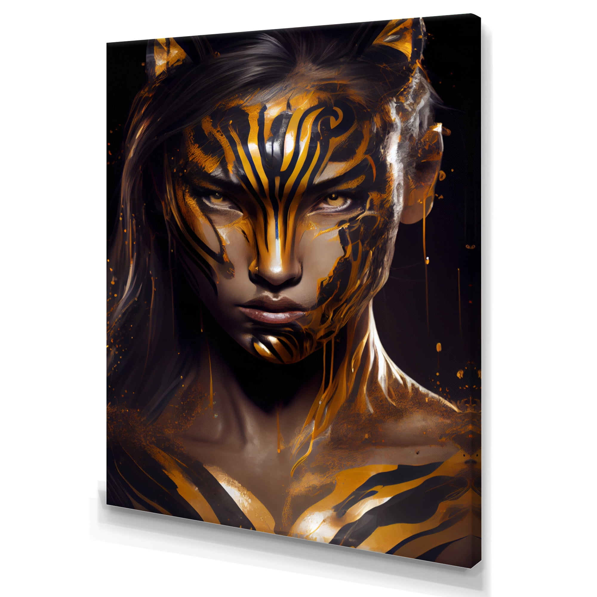 Designart Black And Gold Tiger Woman IV Canvas Wall Art