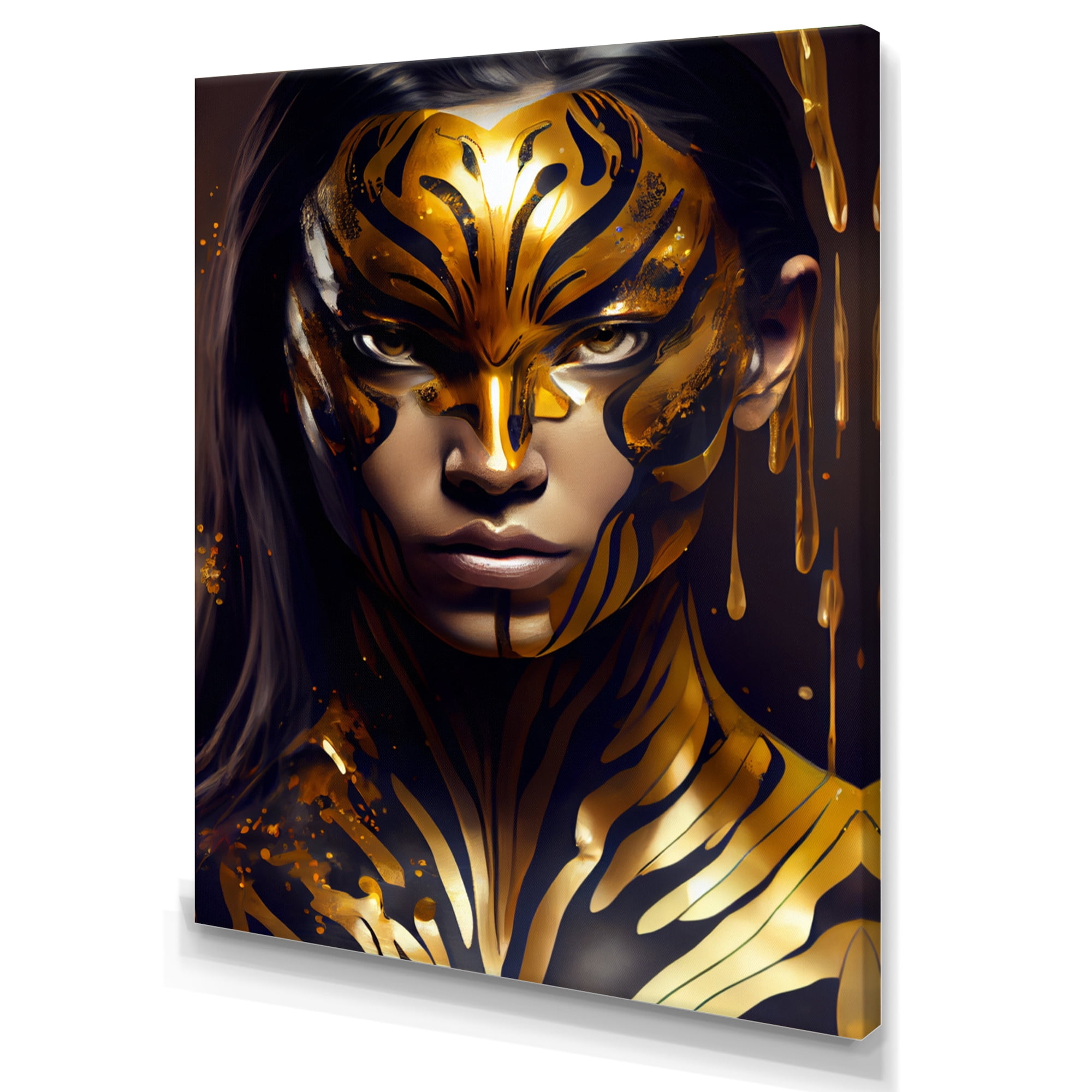 Designart Black And Gold Tiger Woman V Canvas Wall Art