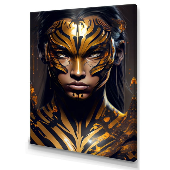 Designart Black And Gold Tiger Woman VI Canvas Wall Art