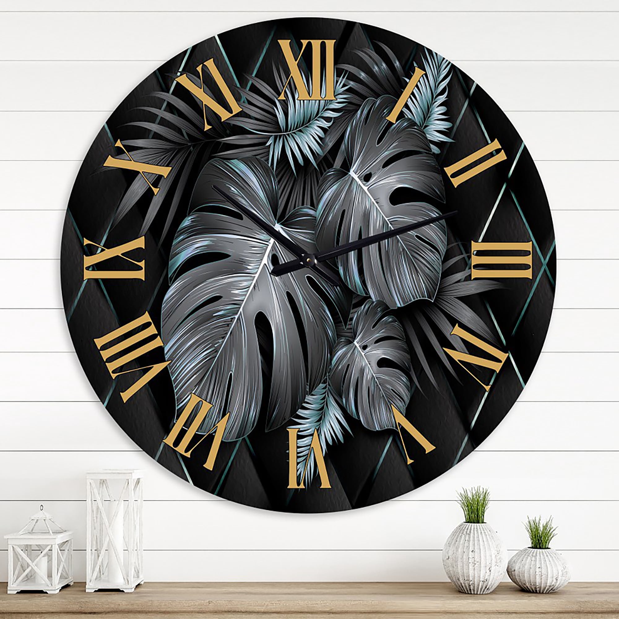 Designart 'Black And Gold Tropical Leaves I' Modern Wall Clock